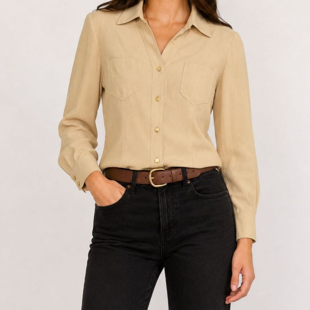 Vintage Beige Button Down Blouse Size Medium